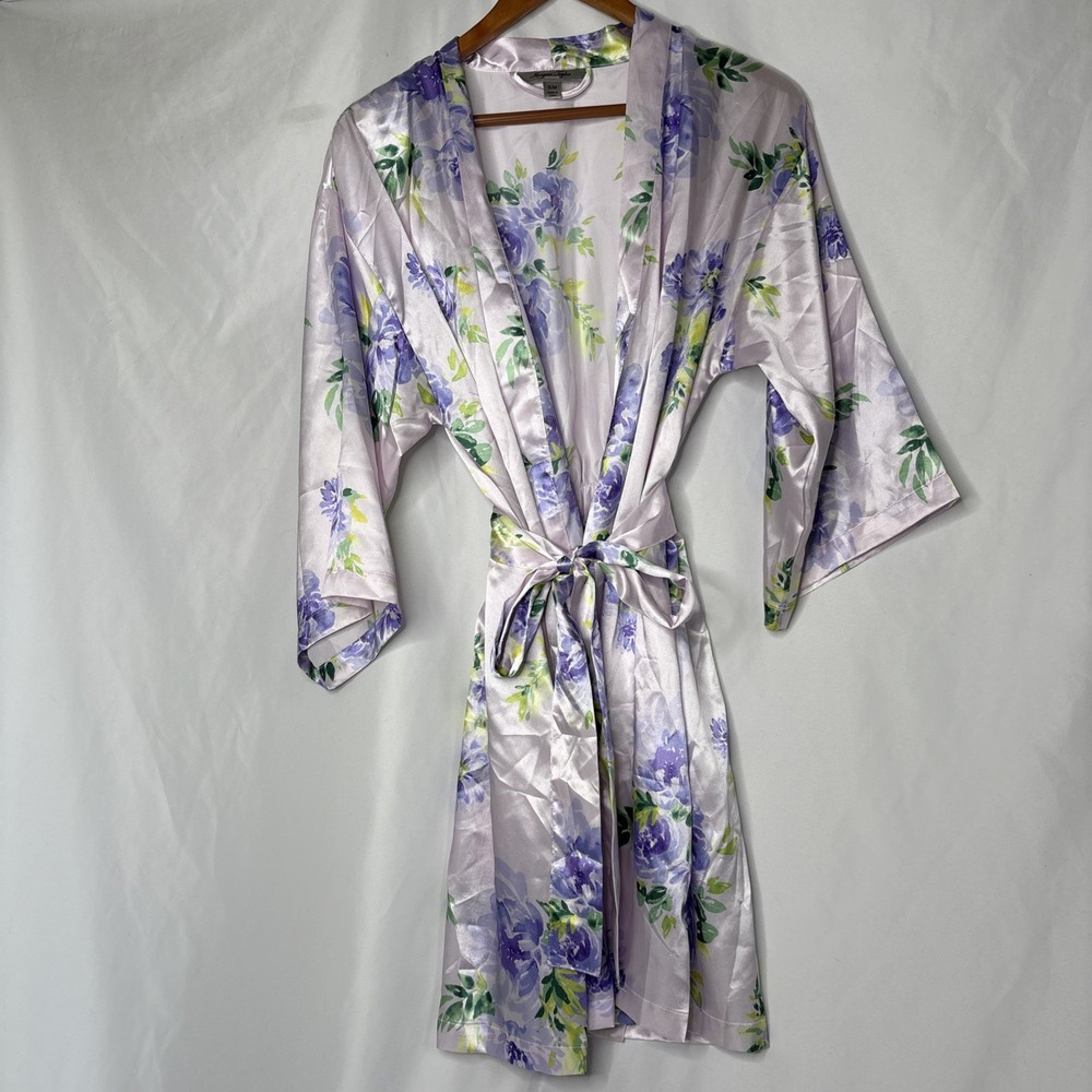Morgan Taylor Intimates S/M Floral Print Satin Wrap Robe Licac Purple 3/4 Sleeve